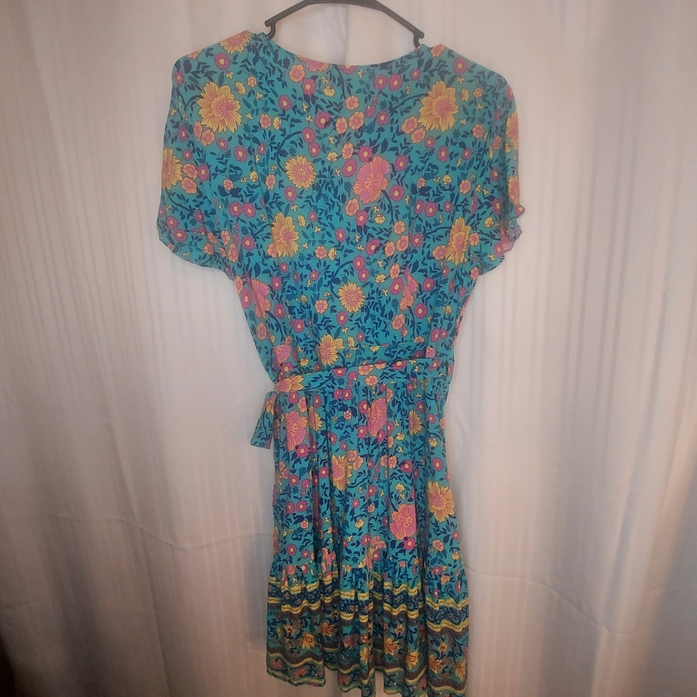 Zesica Size L Wrap Dress Boho Turquoise Red Gold Floral VGUC - Picture 3 of 6